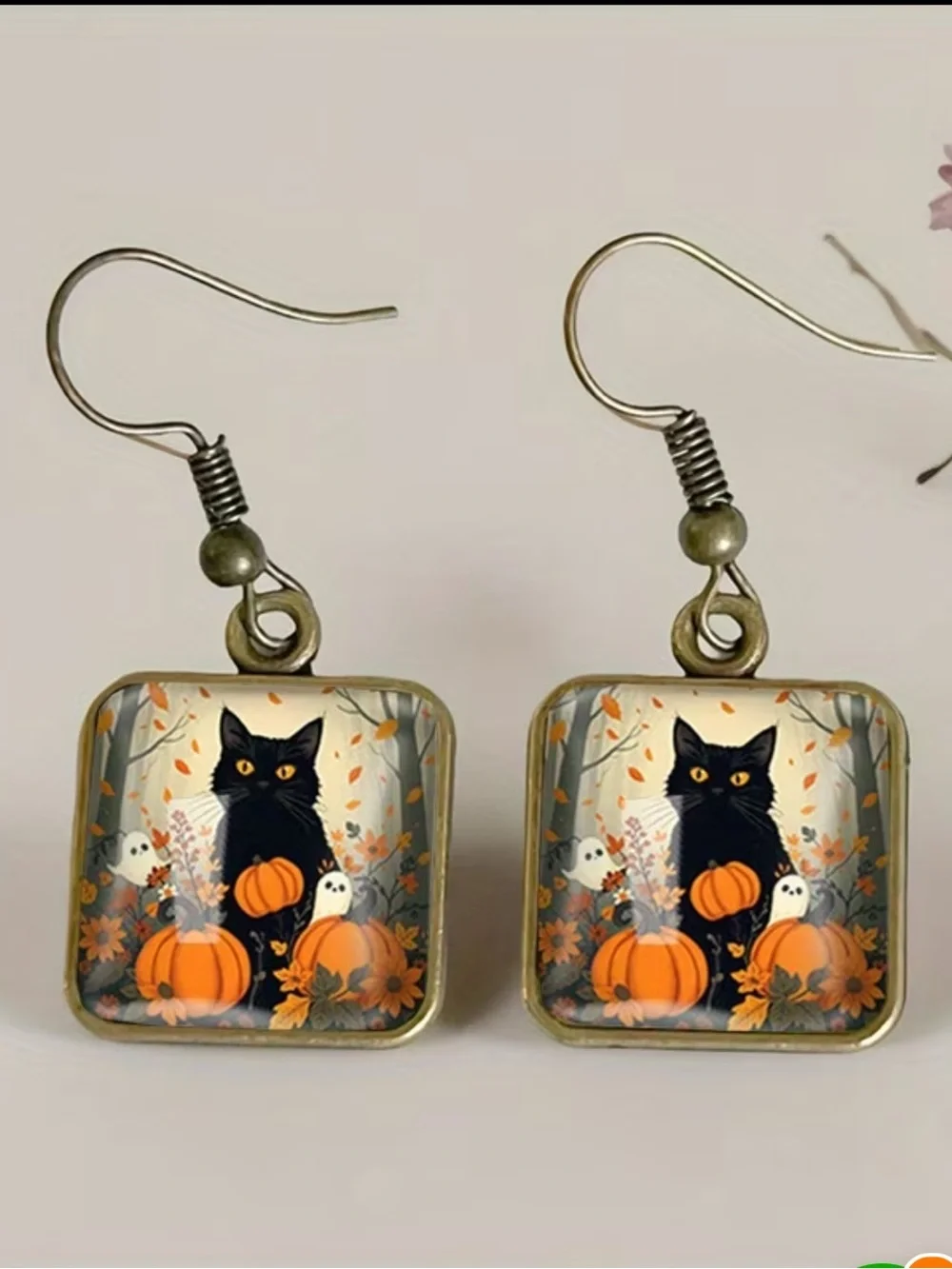 Halloween Black Cat Pumpkin Square Dangle Earrings - nwt